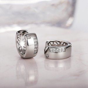 Silver Plated Diamond Zircon Hoop Huggie Earrings 13x5mm Women's Party Gift